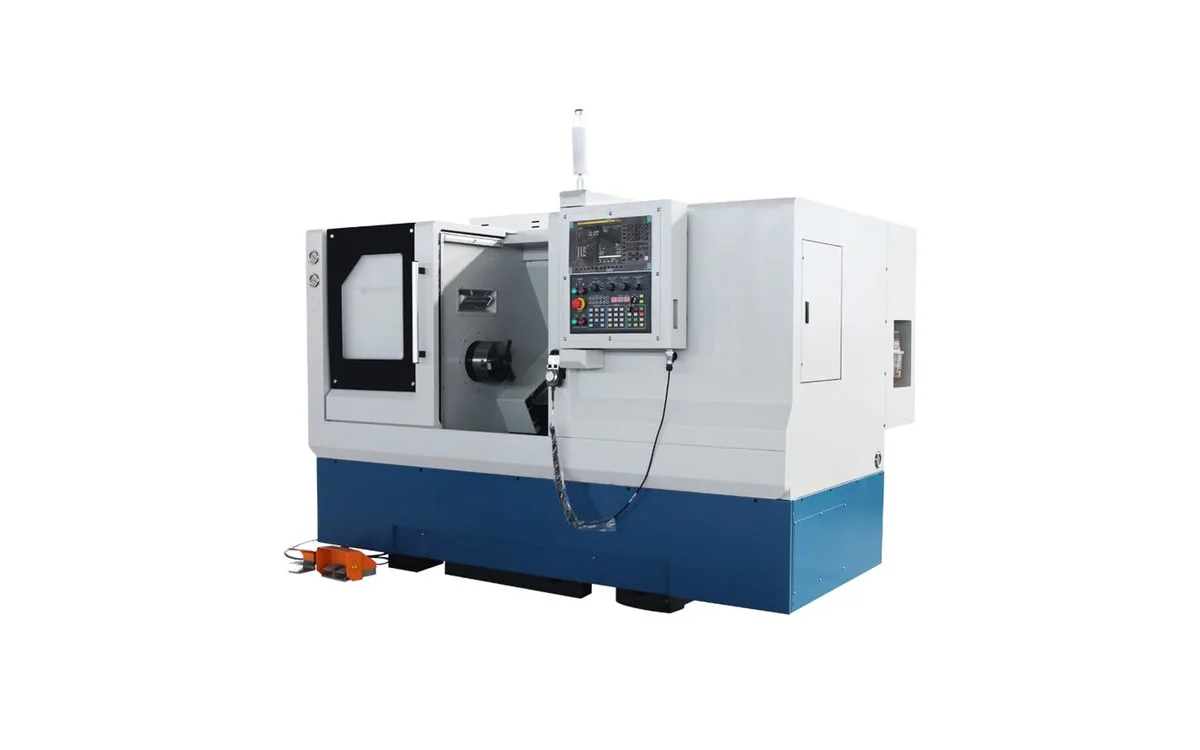 Taikan TCK50 45-degree slant-bed CNC lathe with 8-inch hydraulic chuck, 12-station servo turret, and hydraulic tailstock