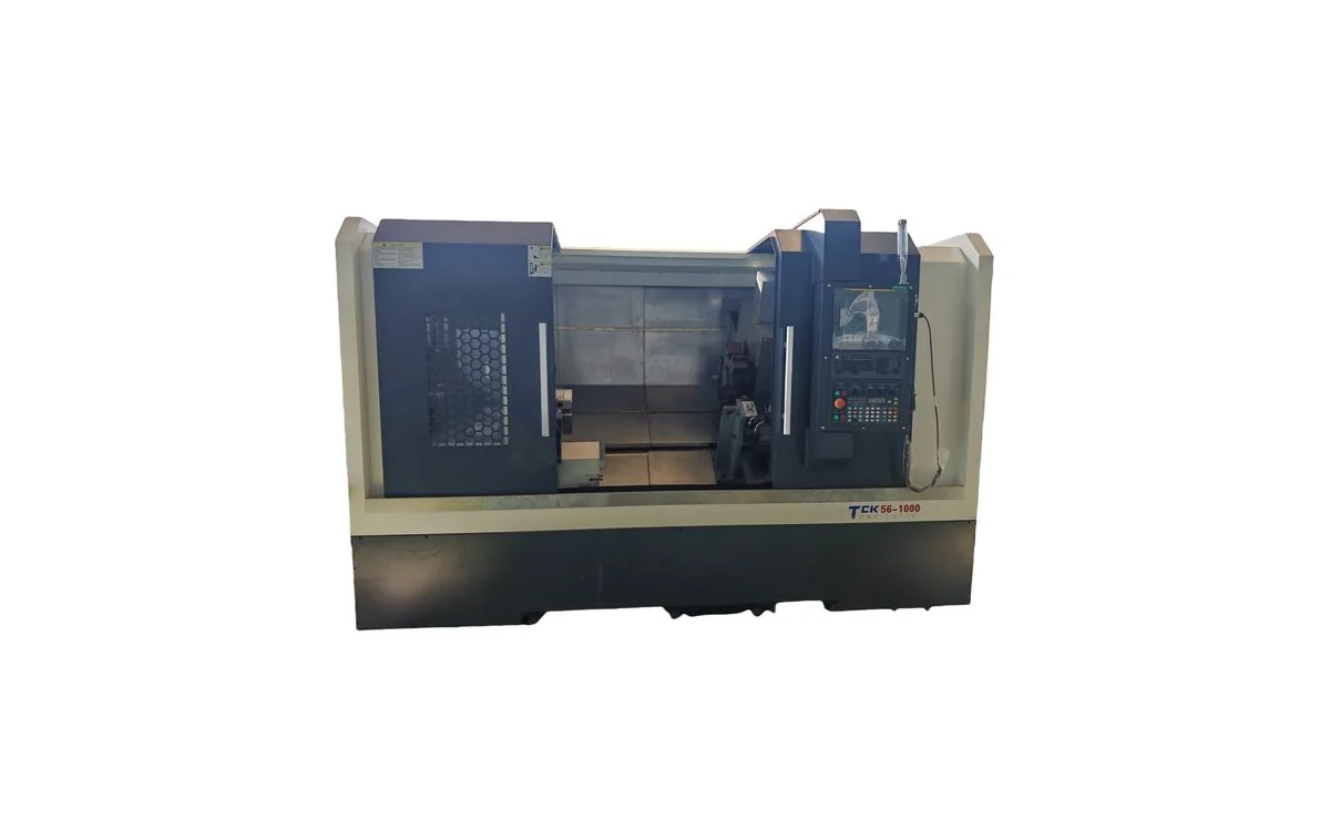 Taikan TCK56 heavy-duty slant-bed CNC lathe with 10-inch hydraulic chuck, 12-station heavy turret, and ergonomic CNC control panel