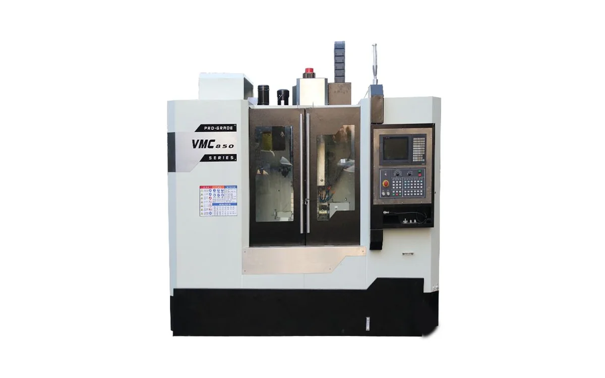 Taikan VMC850 3-axis CNC vertical machining center with open enclosure doors showing BT40 spindle and precision T-slot worktable